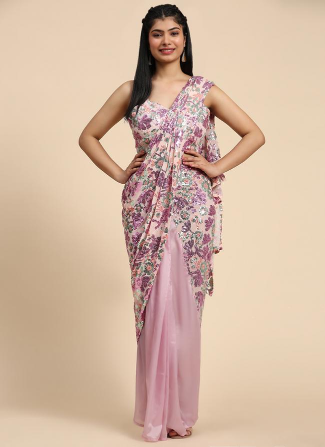 Silk Pink Party Wear Sequins Work Ready To Wear Saree